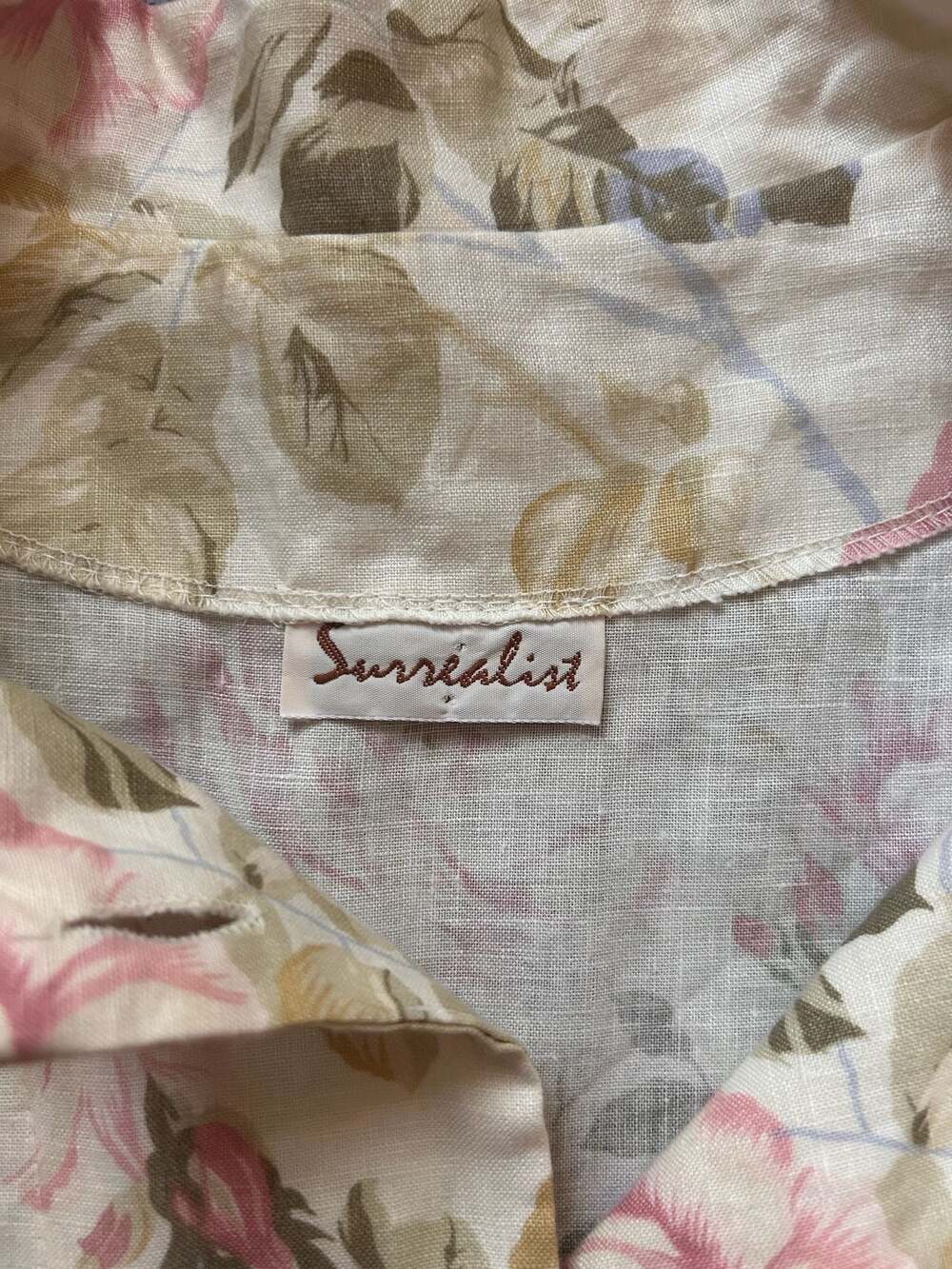 Vintage 90s Surrealist Floral Linen Patchwork Button-Down Shirt Jacket - Picture 4 of 13